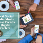 hands reaching into table with tablets and phones with social media terminology. Overlaid on top of that is a transparent box with the title 'Latest Social Media Must-Know Trends for Digital Marketers' written by Taylor Sievers, Social Media Manager
