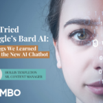 Closeup of a woman's face with blurred binary code overlaid. Copy on the image says:"We Tried Google’s Bard AI: 3 Things We Learned About the New AI Chatbot"