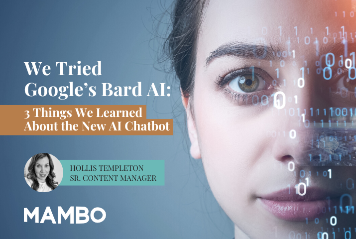 Closeup of a woman's face with blurred binary code overlaid. Copy on the image says:"We Tried Google’s Bard AI: 3 Things We Learned About the New AI Chatbot"