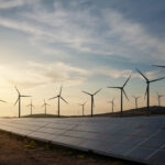 Solar panels and wind turbines generating renewable energy for green and sustainable future.