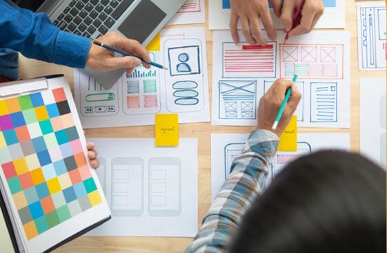Website design planning meeting with diagrams and drawings